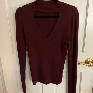 Wine red long sleeve sweater with deep V & collar